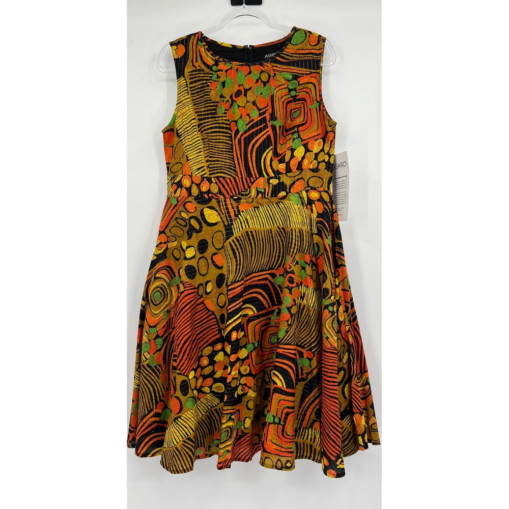 Ashro Womens Size 8 African Print Fit & Flare Dress Gold Metallic‎ Cotton Midi